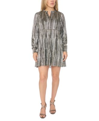 Petite Crinkle Foil F&F Metallic Long-Sleeve Fit & Flare Dress