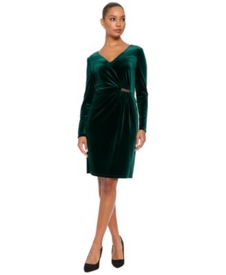 Petite V-Neck Long-Sleeve Ruched Velvet Knee-Length Dress