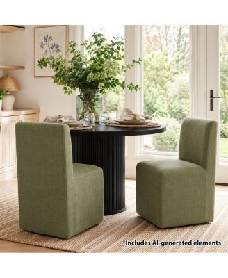 Upholstered Dining Chairs Set of 2 with Hidden Wheels, 360-Degree Swivel Linen-Blend Kitchen Chairs, Parsons Side Chairs
