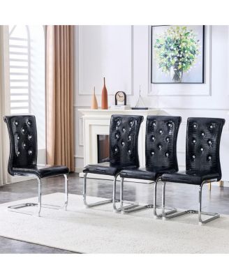 Crystal Tufted Dining Chairs Set of 4, Faux Leather Upholstery, Retro Alligator Texture, Metal Sled Base