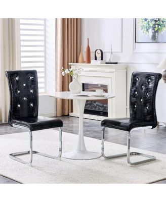 Faux Alligator Leather Dining Chairs Set of 2, Crystal Button Tufted Side Chairs, Electroplated Metal Sled Legs