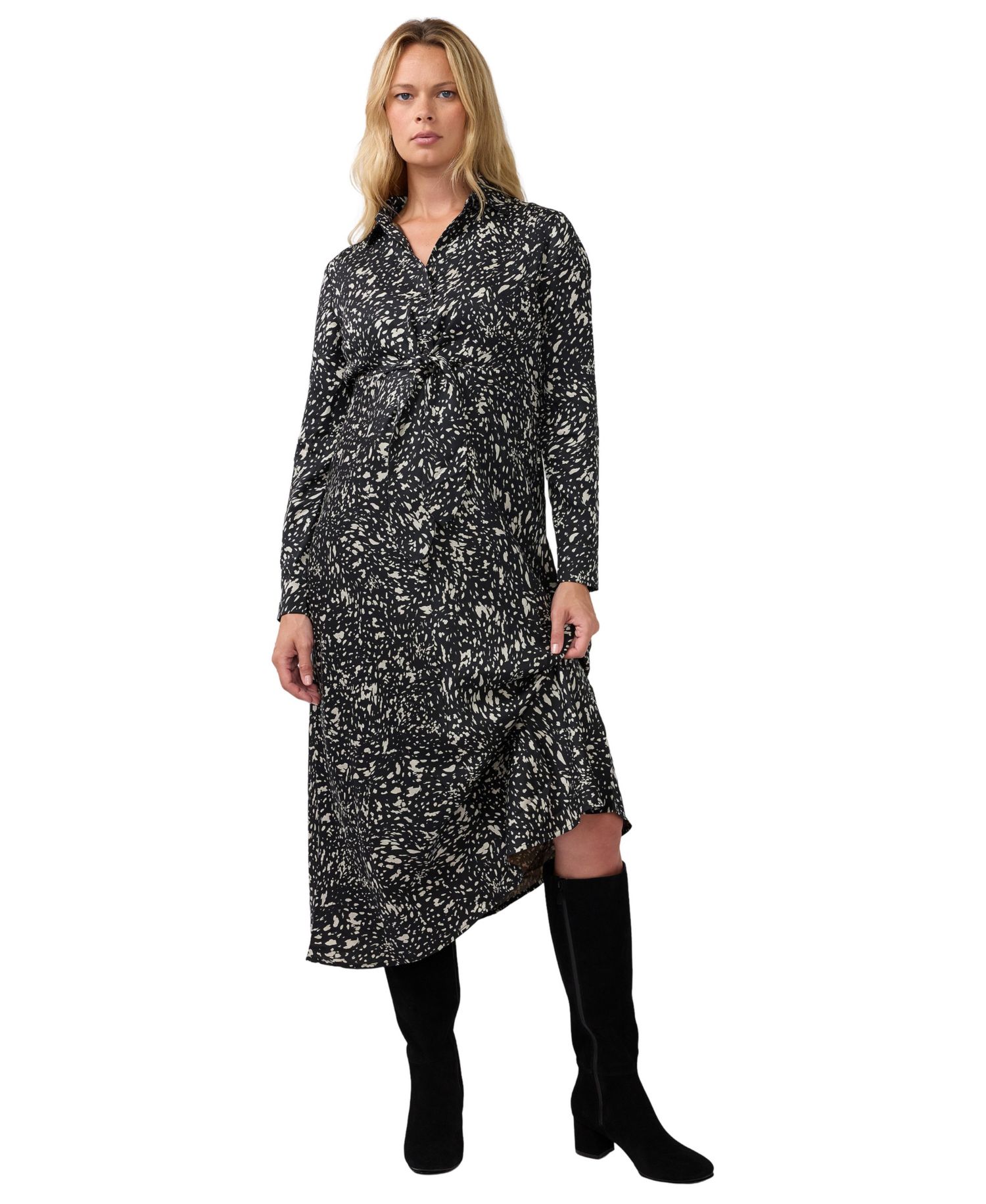 Maternity Tie-Front Midi Long-Sleeve Animal-Print Shirt Dress