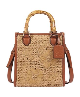 Celine Floral-Embroidery Straw Bamboo Tote