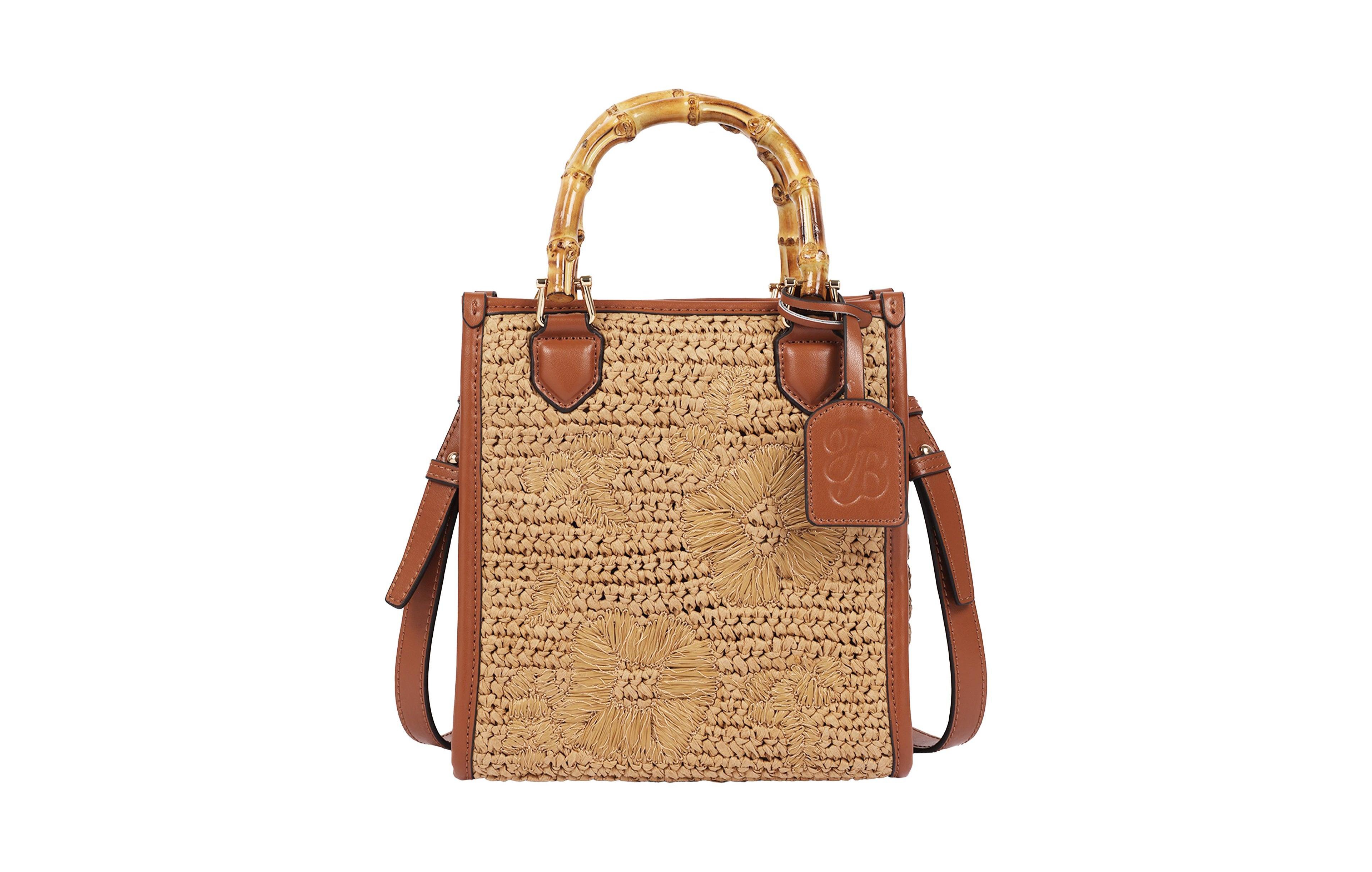 Tommy Bahama Celine Floral Embroidery Bamboo Tote - Cognac