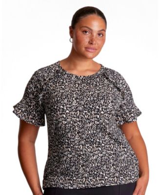 Plus Size Geometric-Print Ruffle-Sleeve Short-Sleeve Blouse
