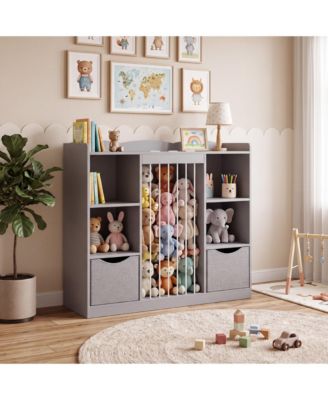 Kids Stuffed Animal Storage Organizer with Book Shelf & Elastic Cord Toy Holder - Multi-Functional Playroom Cabinet with Anti-Tip Safety
