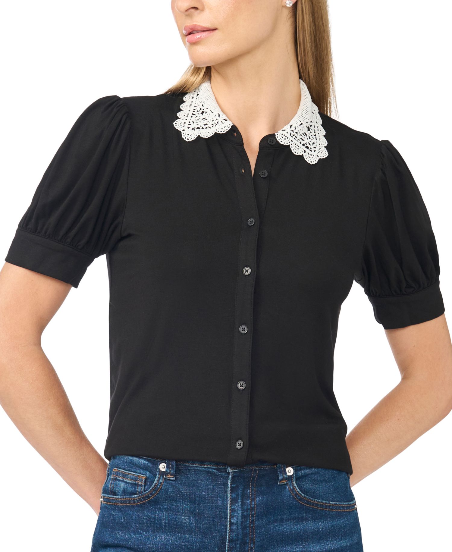 Women's Short Puff-Sleeve Scallop-Trim Button-Up Blouse