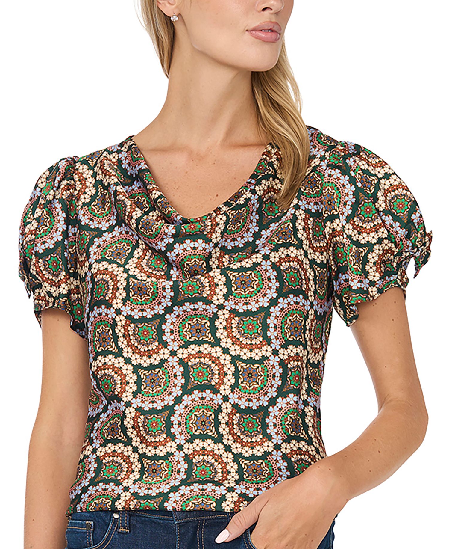 Women's Cowl-Neck Puff-Sleeve Bow Detail Blouse