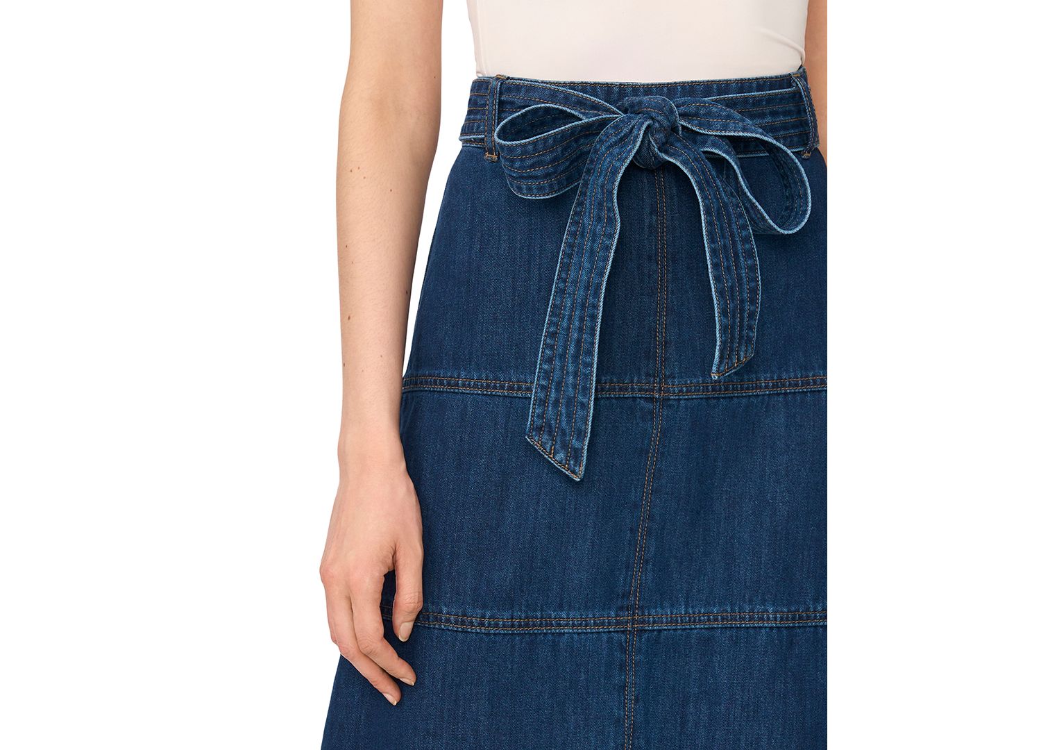 Women's Tie-Waist High-Waisted A-Line Midi Denim Skirt