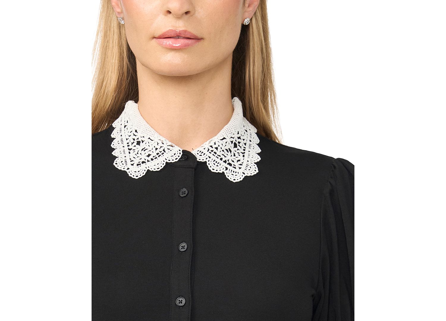Women's Short Puff-Sleeve Scallop-Trim Button-Up Blouse