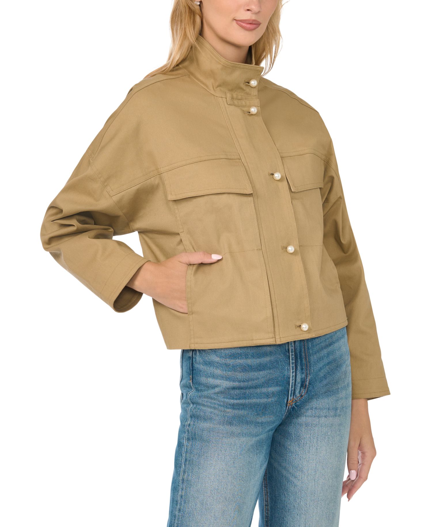 Women's Cargo Style Short Long-Sleeve Jacket with Imitation Pearl Details