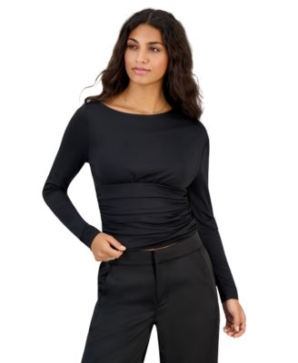 Juniors' Asymmetrical Boat Neck Long-Sleeve Top