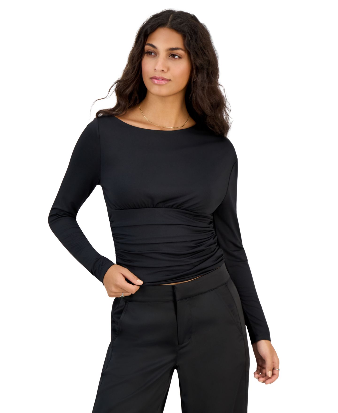 Женский топ Derek Heart Juniors' Asymmetrical Boat Neck Long-Sleeve, цвет: Чёрный — фото 1