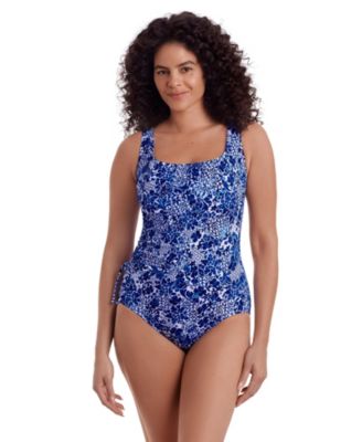 Women's Faux Shirred Tie Tank Long Torso Full Coverage One-Piece Swimsuit