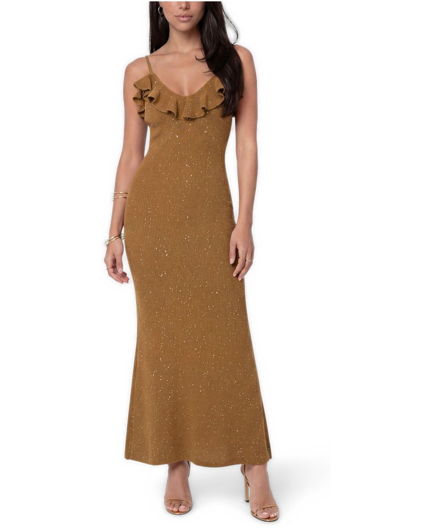 Women's Sequin Crochet Ruffle Neck Gown