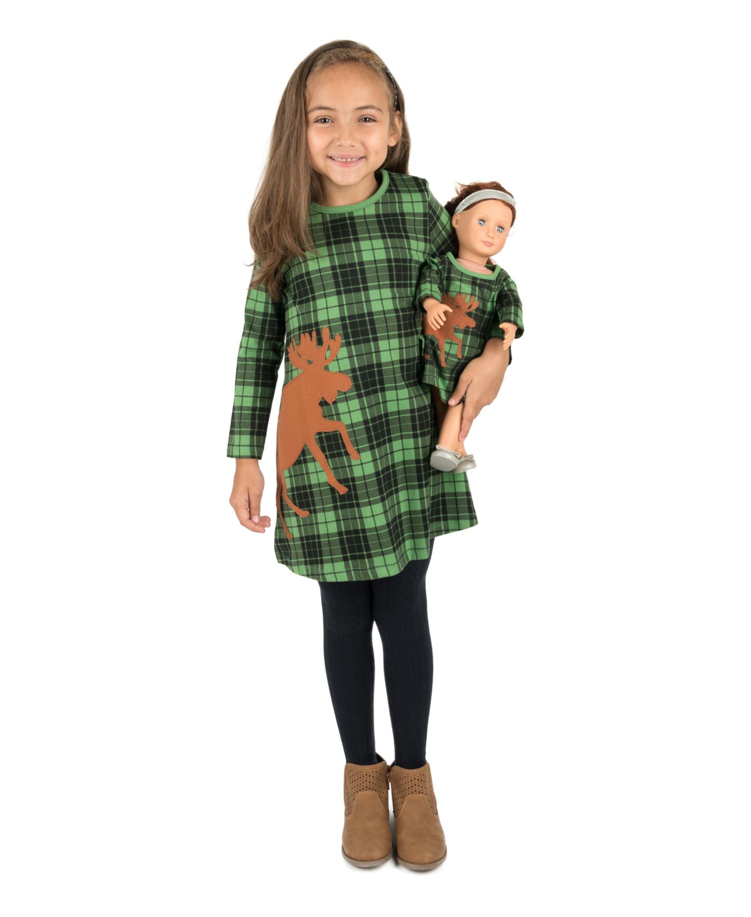 Girls' 4-16 Long-Sleeve A-Line Matching-Doll Girl and Doll Dress, 2-Piece Set