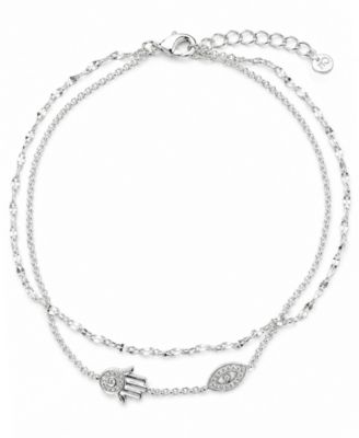 Double Row Cubic Zirconia Hamsa Hand and Evil Eye Anklet in Silver Plate