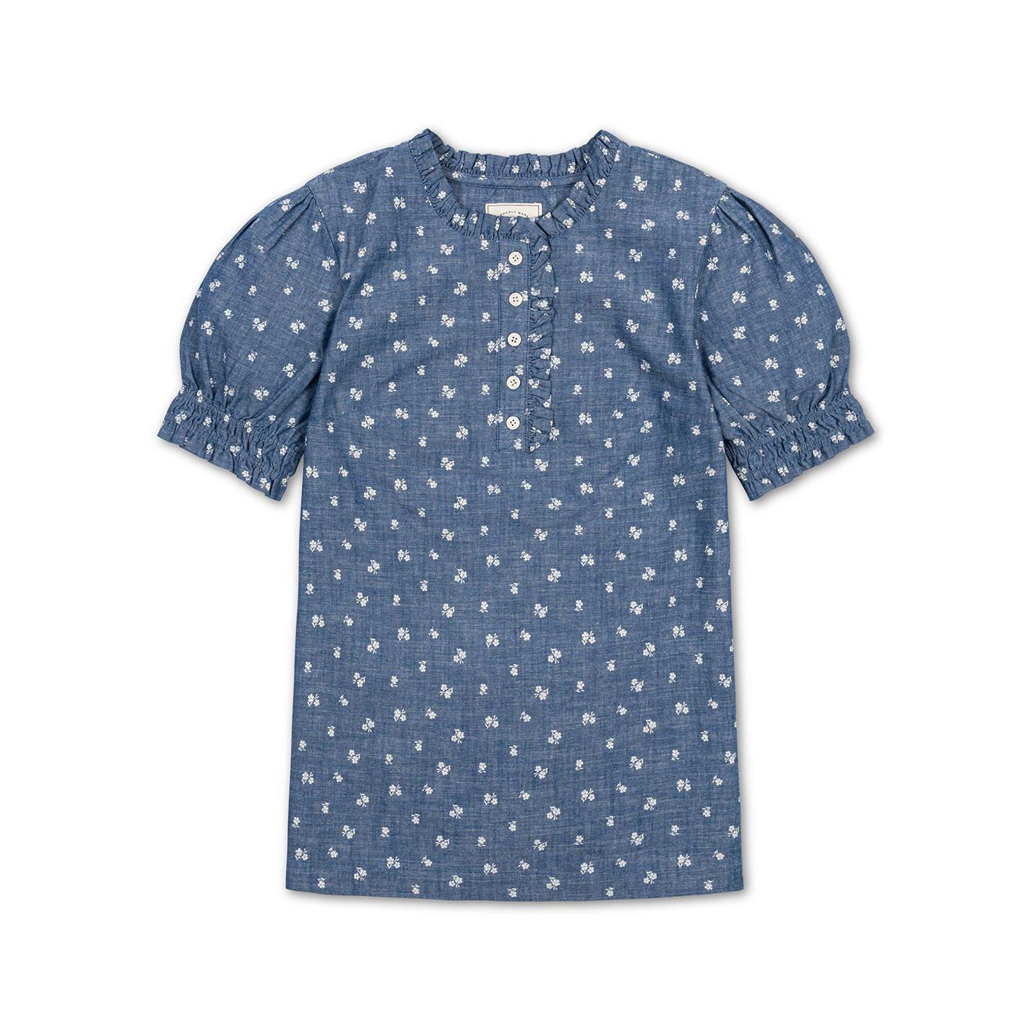 Women's Chambray Puff-Sleeve Floral-Print Blouse