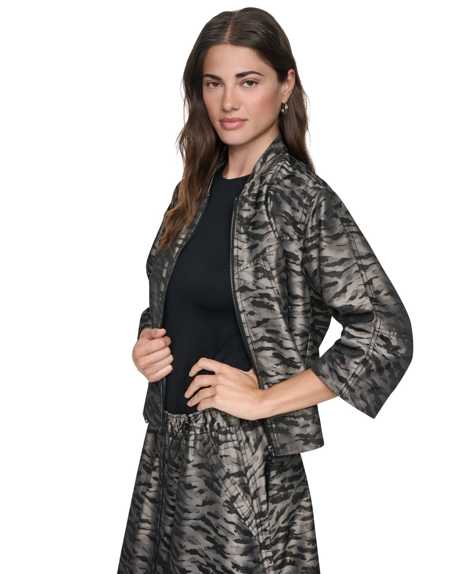 Women's Animal-Print 3/4-Sleeve Bomber Jacket
