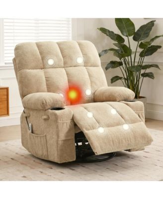 Oversized Swivel Rocker Recliner With Heat and Massage, 8 Vibration Massage Nodes, Lumbar Heat Therapy, Soft Fabric, Cup Holders, For Living Room