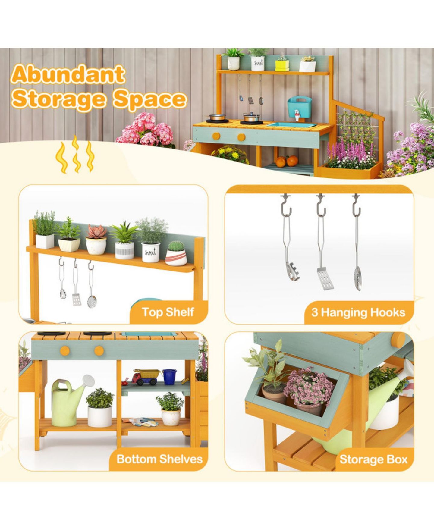 Игровой набор Sugift Mud Kitchen с ящиками для растений и съёмной раковиной, от 3 до 8 лет, цвет: Жёлтый — фото 9