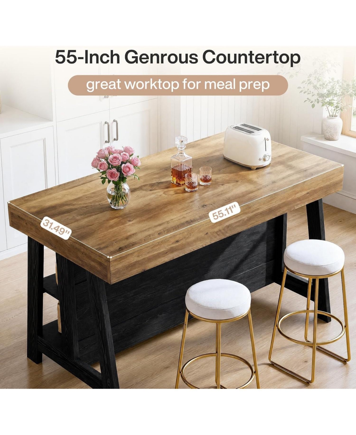 Tribesigns Kitchen Island with Storage,Open Shelving Bar Table with Large Worktop