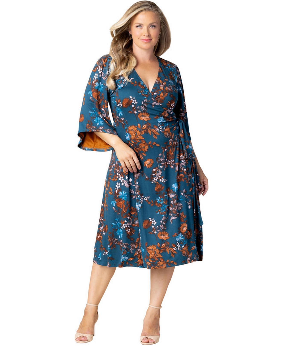 Kiyonna Plus Size Gemini Wrap Dress with Contrast Lined Sleeves - Teal blue asters