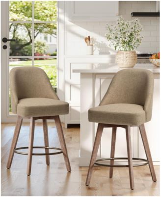 26" Mid-Century Swivel Counter Height Bar Stools, Upholstered Linen and PU Leather Kitchen Stools