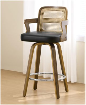 26" Mid-Century Swivel Counter Height Bar Stools, Rattan Back and Faux Leather Kitchen Stools
