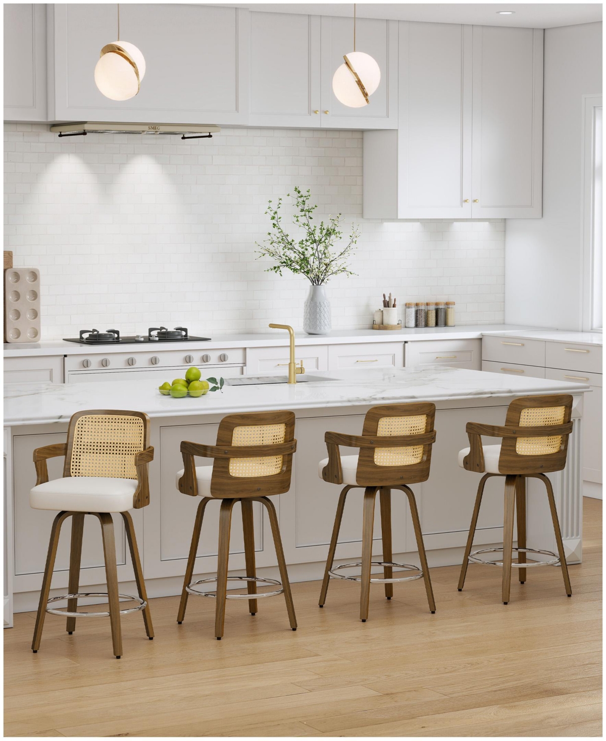 Bekrvio 26" Mid-Century Swivel Counter Height Bar Stools, Rattan Back and Faux Leather Kitchen Stools - Rattan white