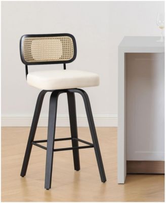 26" Mid-Century Swivel Counter Height Bar Stools, Rattan Back and Faux Leather Kitchen Stools