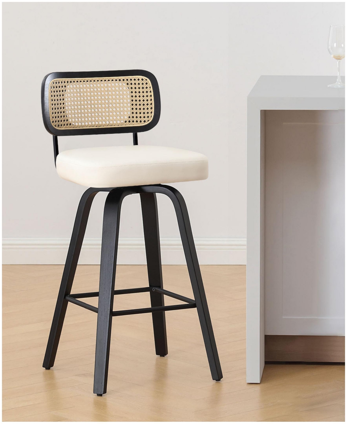 Bekrvio 26" Mid-Century Swivel Counter Height Bar Stools, Rattan Back and Faux Leather Kitchen Stools - Rattan white
