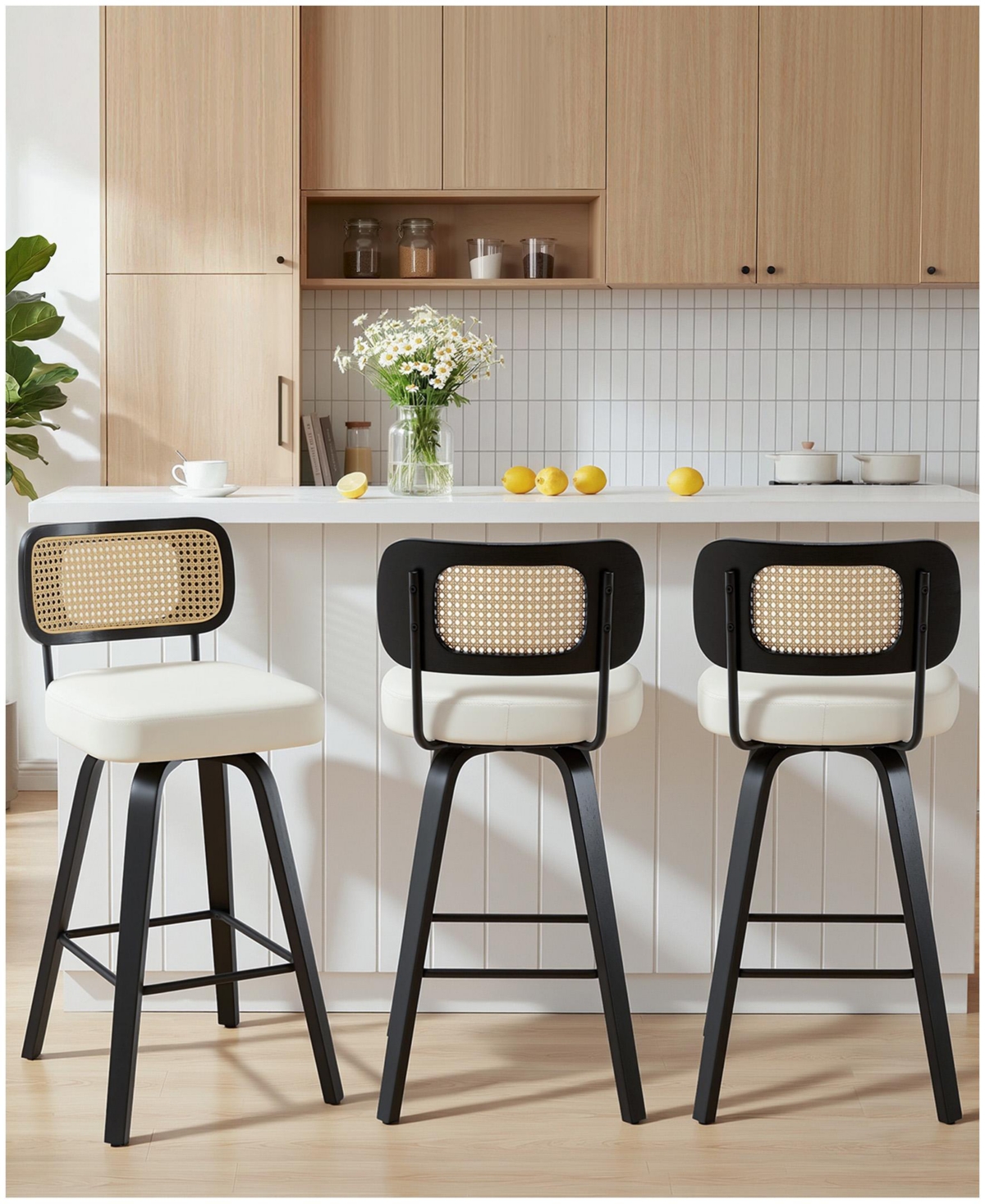 Bekrvio 26" Mid-Century Swivel Counter Height Bar Stools, Rattan Back and Faux Leather Kitchen Stools - Rattan white