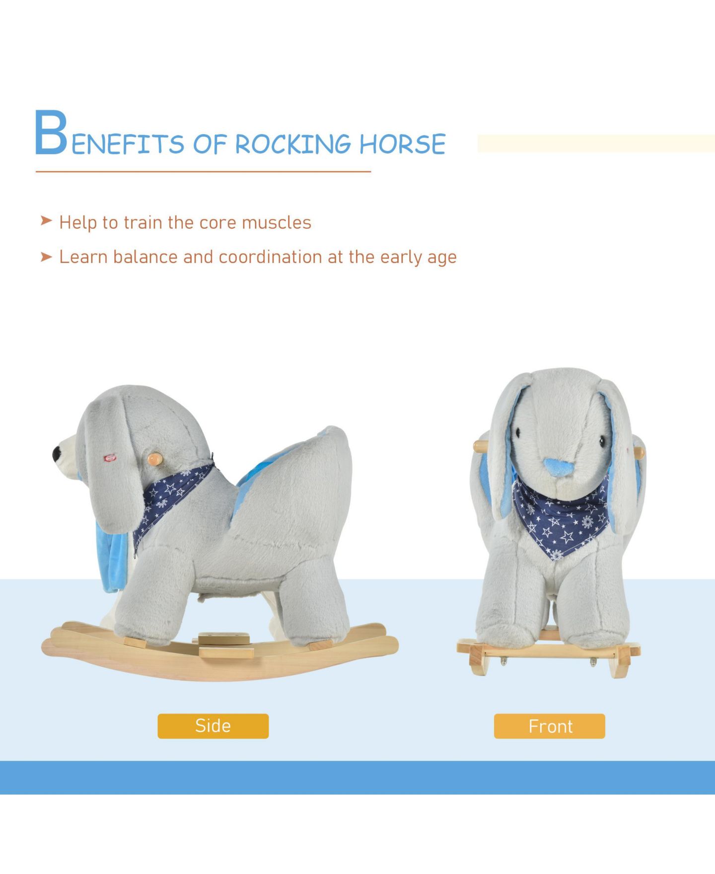 Детские мягкие игрушки Glintex Kids Rocking Horse Bunny Rocker with Lullaby Music, Plush Ride-On Toy with Wood Base and Seat Belt for Toddlers 18-36 Months, Grey, цвет: Серый — фото 5