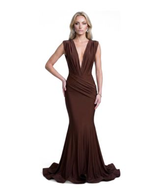 Women's Ruched Plunge Pleated Sleeveless Mermaid Gown