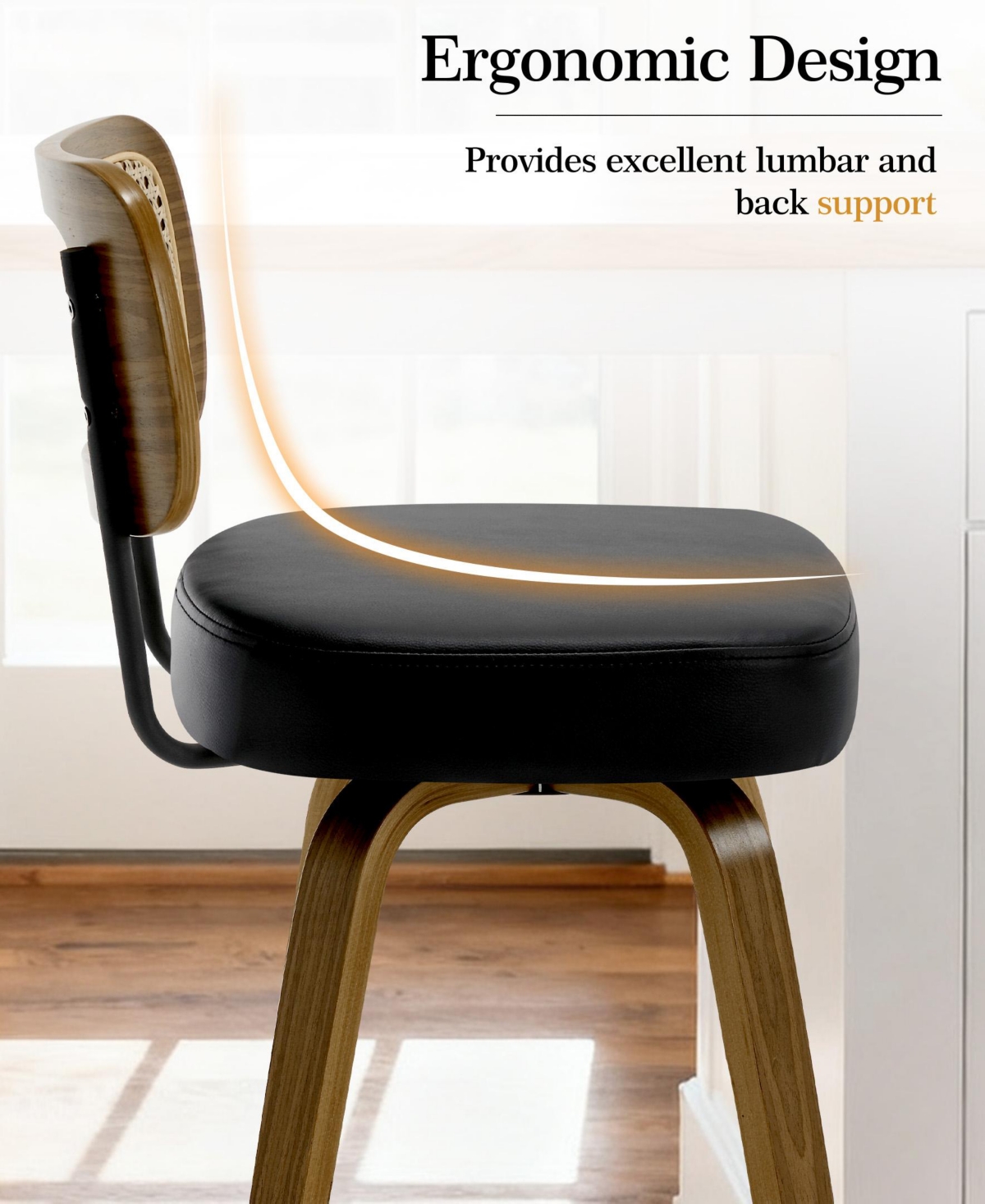 Bekrvio 29" Mid-Century Swivel Bar Height Stools, Rattan Back and Faux Leather Kitchen Stools