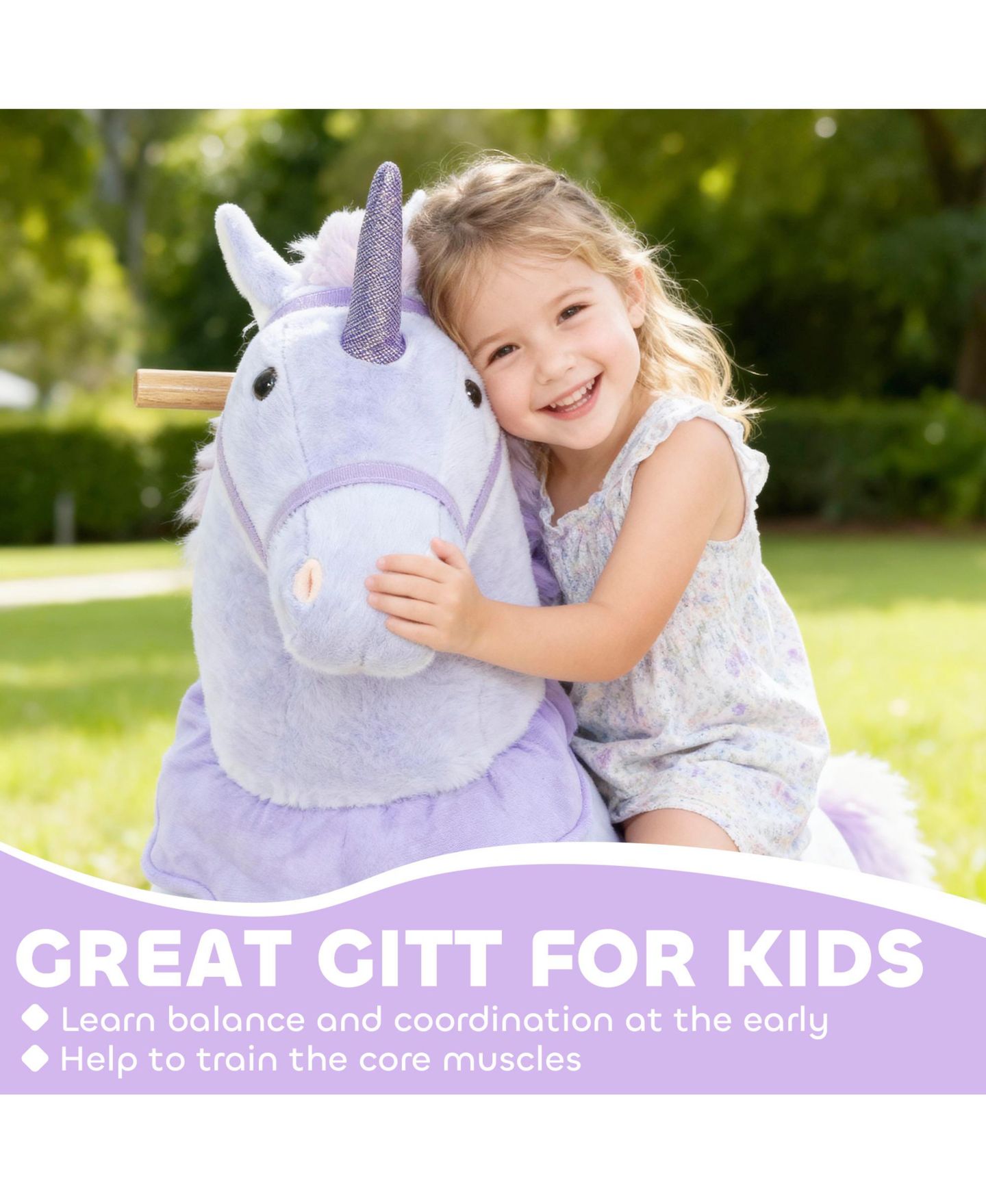 Детская мягкая игрушка Glintex Ride On Unicorn Toy for Kids 4-7, 37.8 in Plush Rocking Horse with Wheels and Pedal Drive, No Batteries Required, цвет: Фиолетовый — фото 7