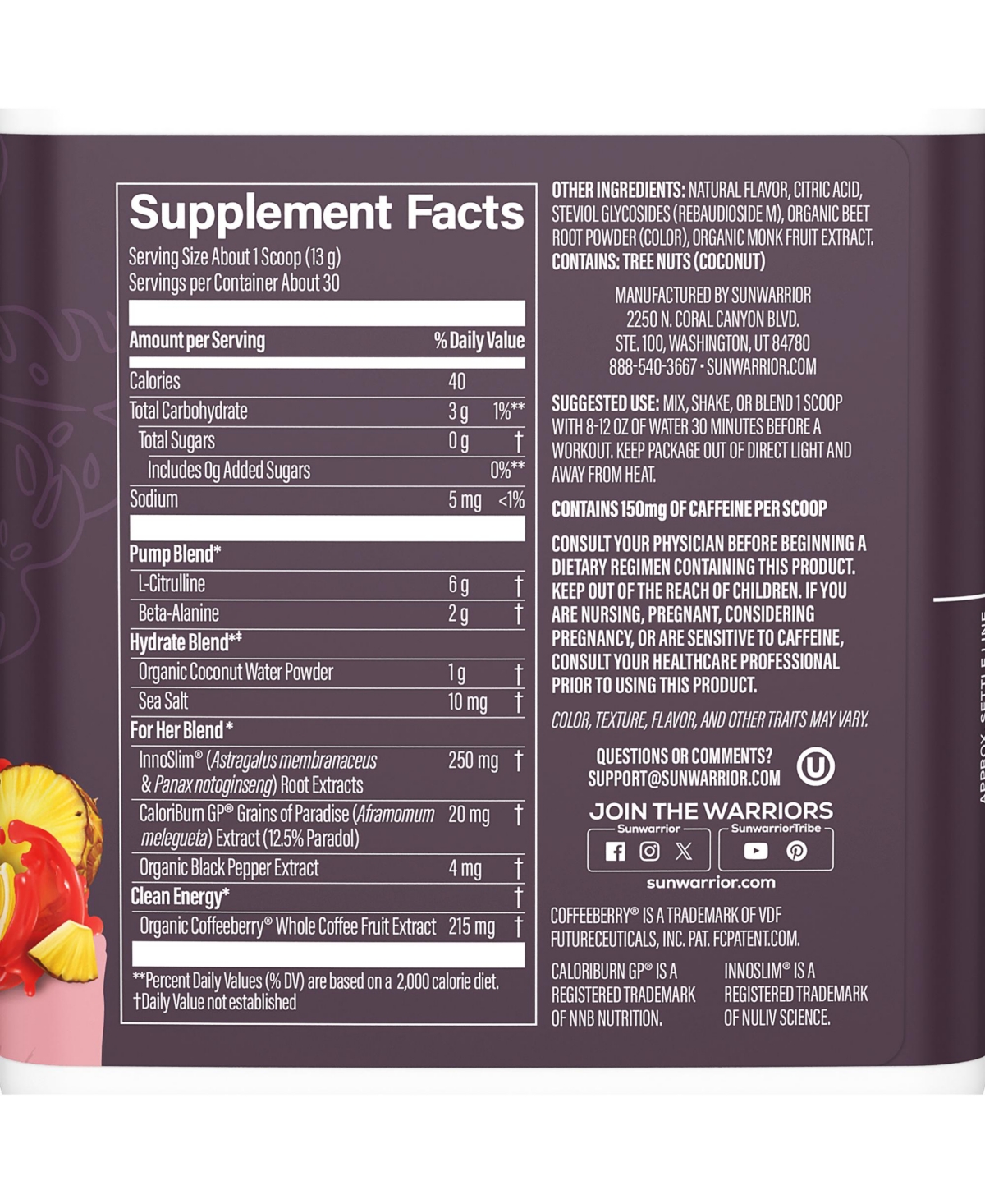 Sunwarrior Active Pre Workout for Her Powder Hawaiian Vibes Flavor 360 g 30 Servings