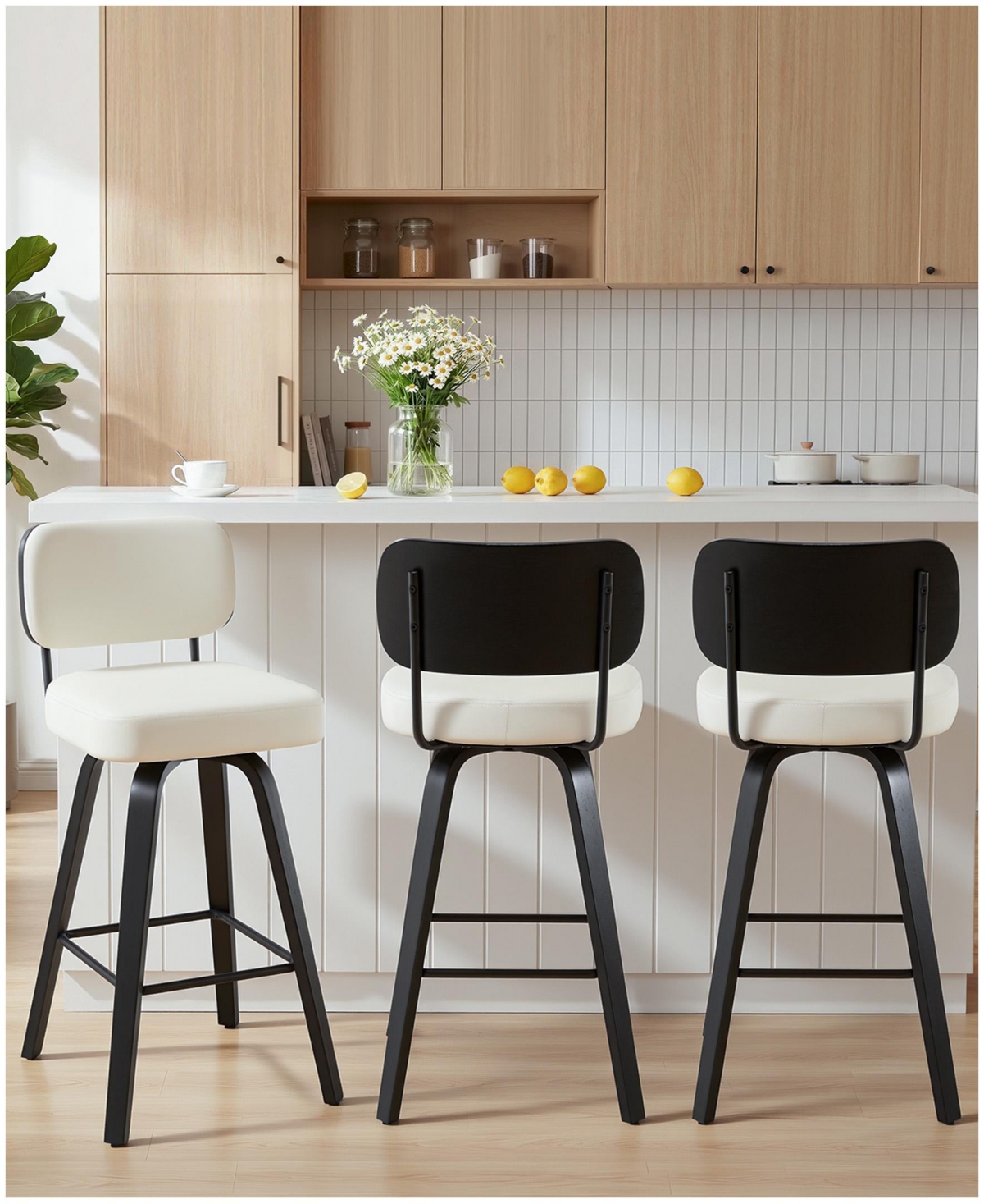 Bekrvio 29" Mid-Century Swivel Bar Height Bar Stool, Faux Leather Kitchen Stool - Pu white