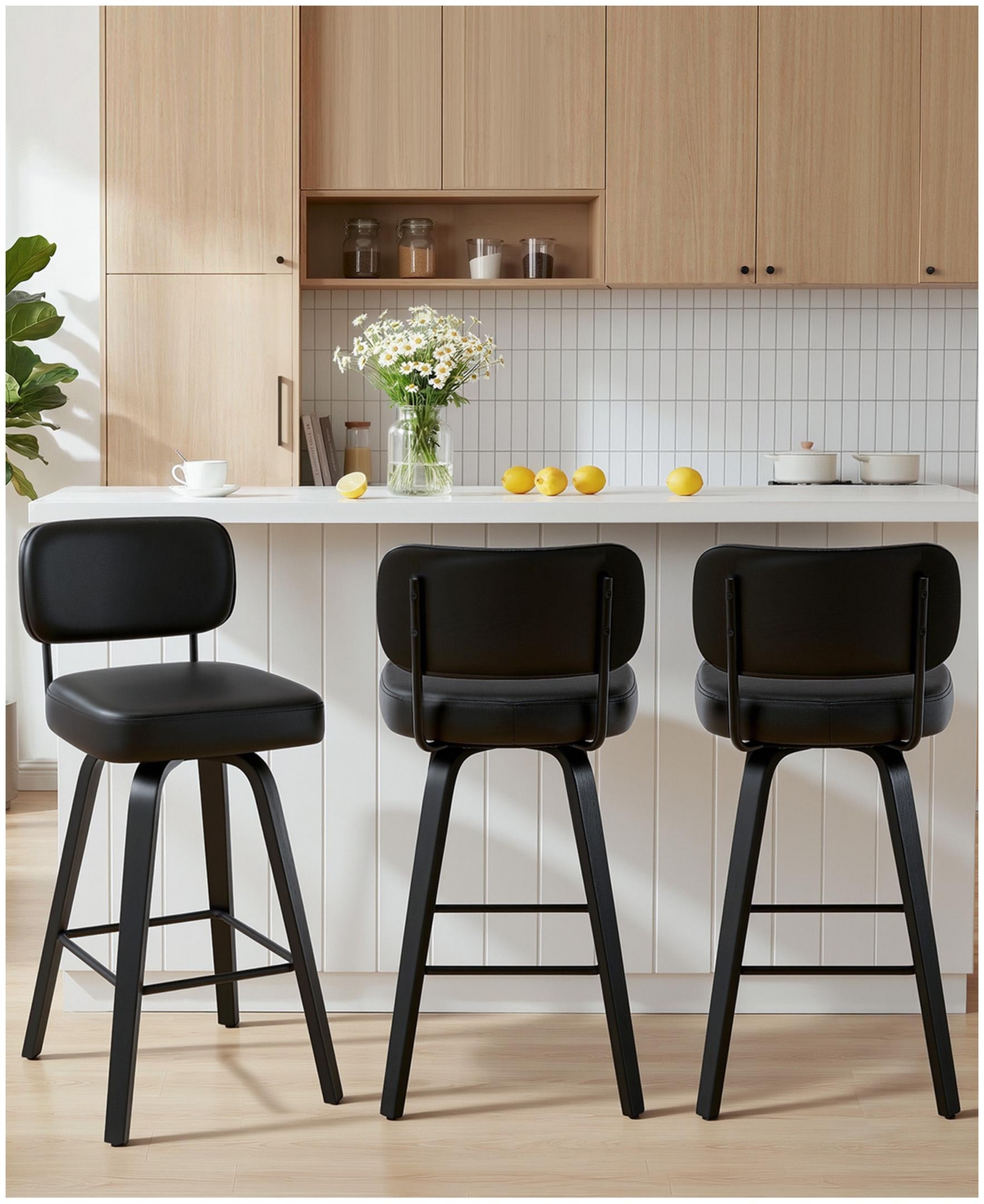 Bekrvio 29" Mid-Century Swivel Bar Height Bar Stool, Faux Leather Kitchen Stool - Black