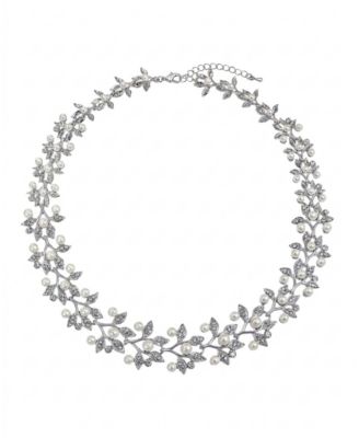 Fashion Faux White Pearl Pave CZ Leaf Motif Bib Statement Necklace