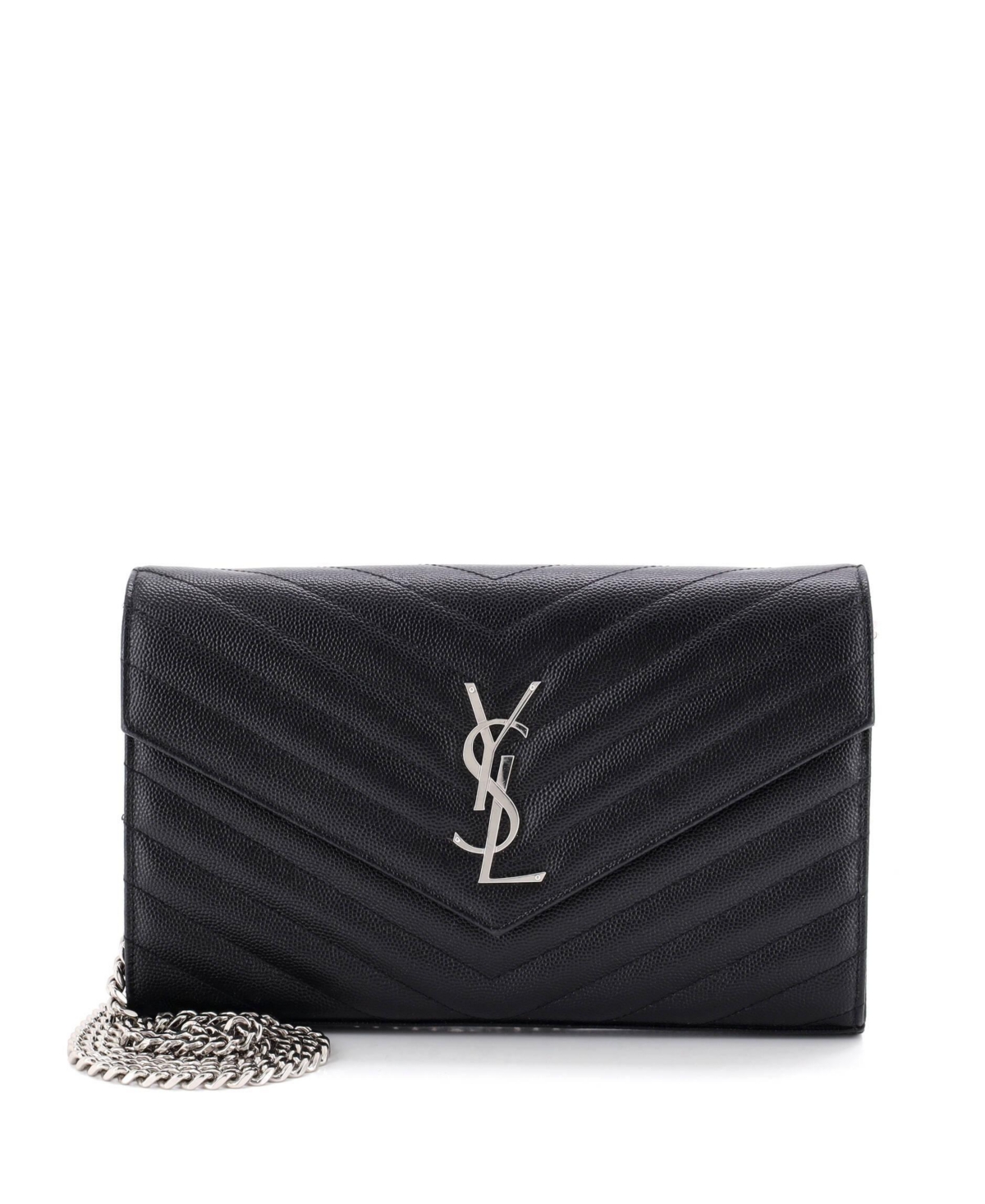 Pre-Owned Saint Laurent Medium Classic Monogram Wallet on Chain Matelasse Chevron Leather - Black