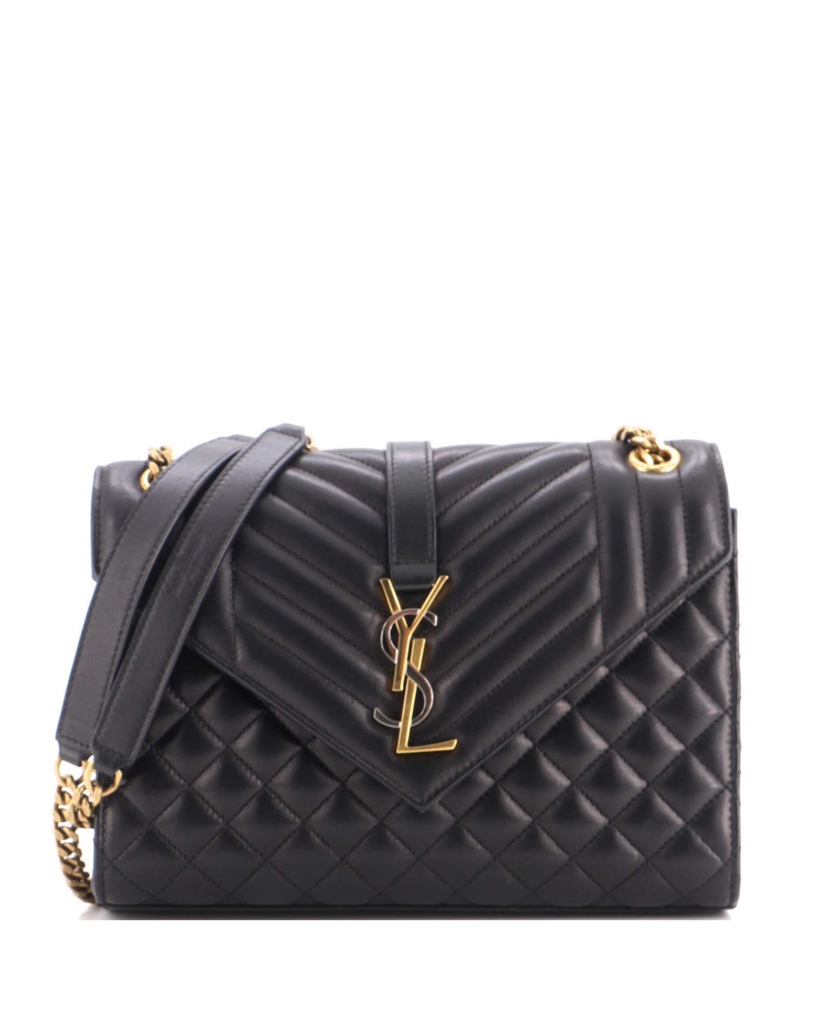 Pre-Owned Saint Laurent Classic Monogram Envelope Quilted Matelasse Leather Medium Satchel, 10" W x 7" H x 2.5" D - Black