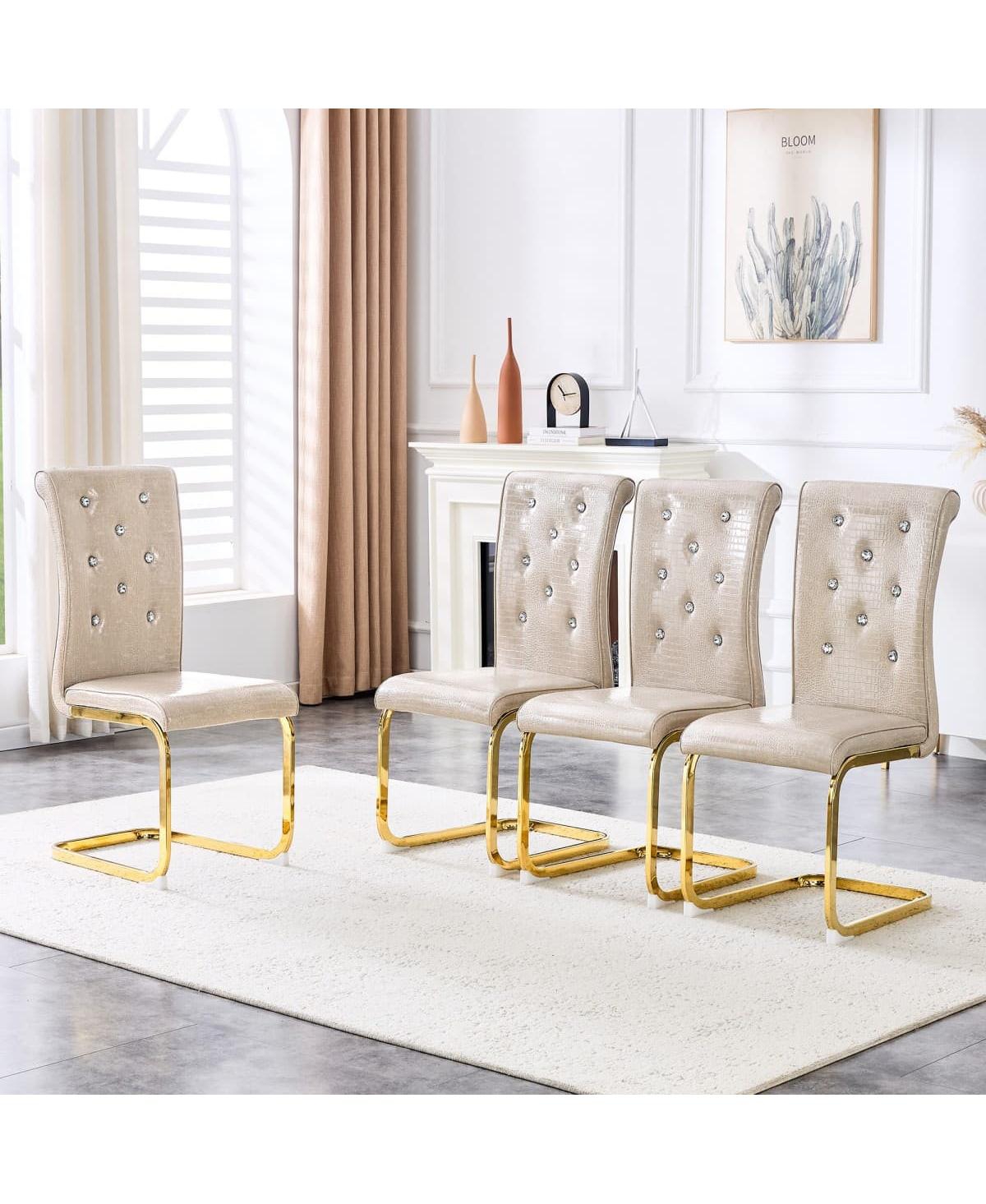 Maison Boucle Faux Alligator Leather Dining Chairs Set of 4, Crystal Button Tufted Side Chairs, Metal Bent Legs