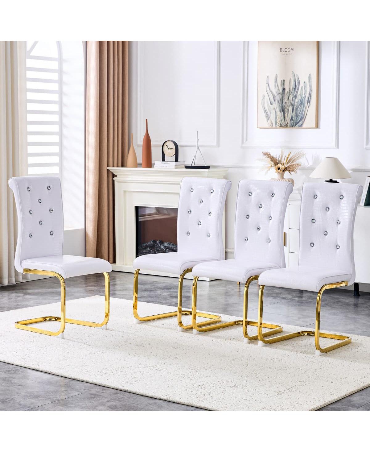 Maison Boucle Faux Alligator Leather Dining Chairs Set of 4, Crystal Button Tufted Side Chairs, Metal Bent Legs - White