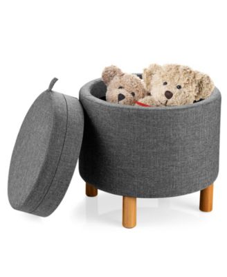 Round Fabric Storage Ottoman with Tray and Non Slip Pads for Bedroom