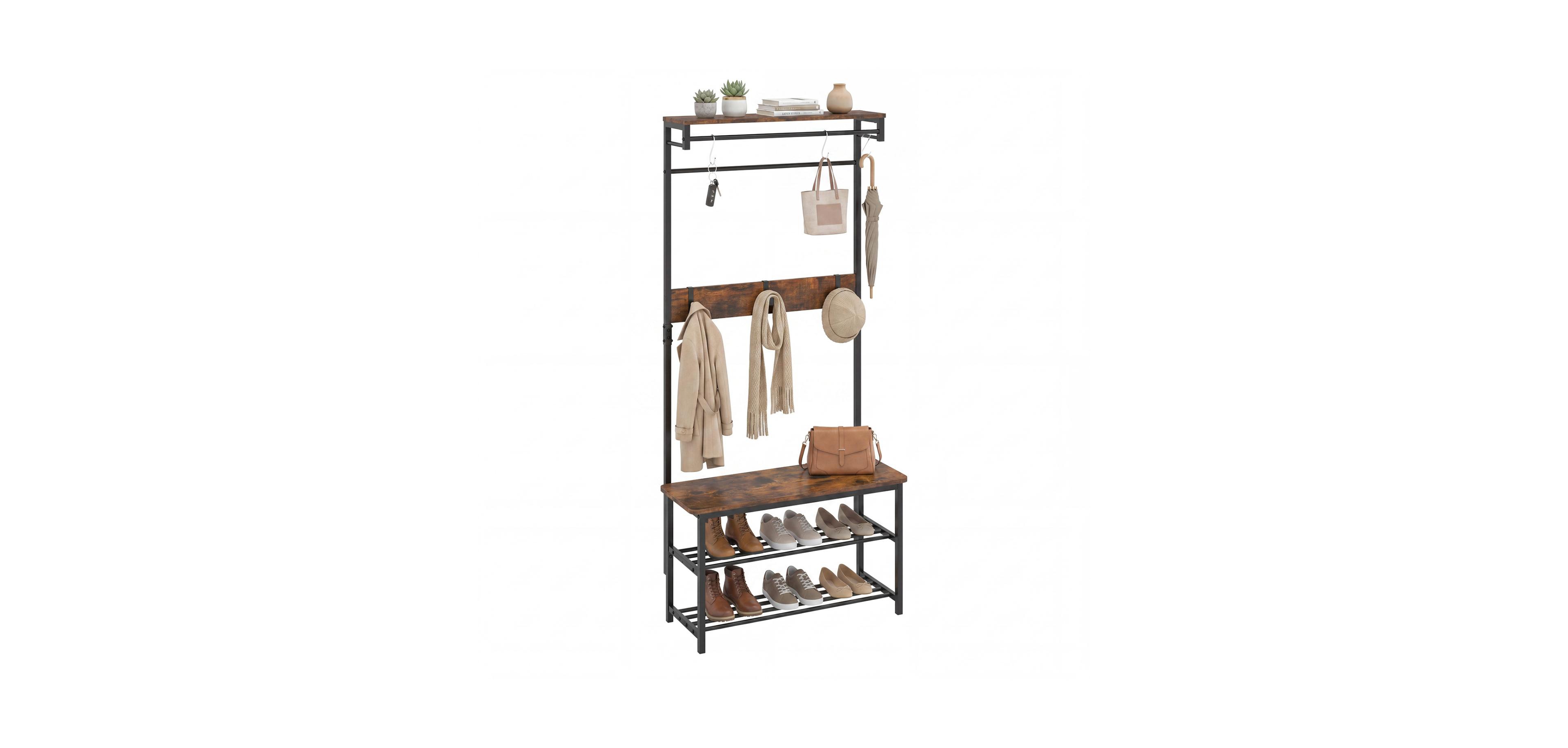 Mecale Coat Rack 4 in 1 Hall Tree with Shoe Bench and Removable Hooks