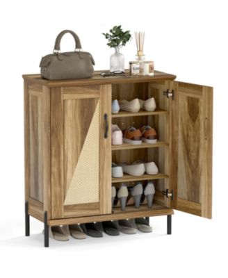 5 Tier Wooden Farmhouse Shoe Cabinet with Woven Rattan Doors