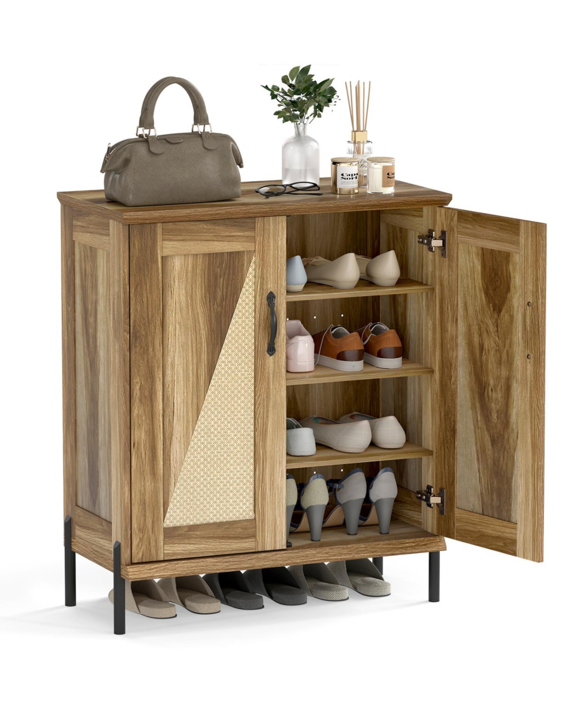 Mecale 5 Tier Wooden Farmhouse Shoe Cabinet with Woven Rattan Doors - Natural