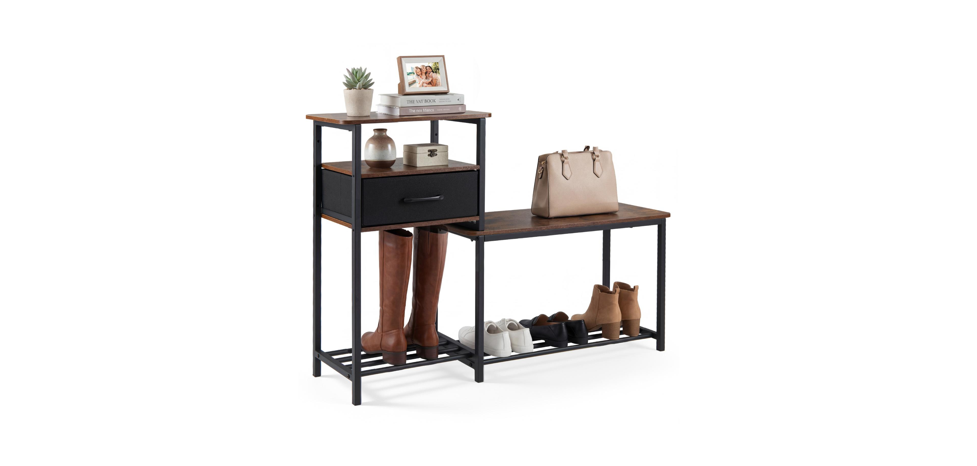 Mecale 3 Tier Shoe Storage Rack Bench with Drawer and Metal Frame Rustic